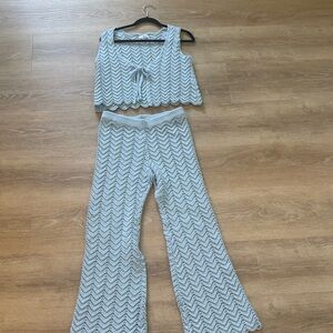 Light Blue Chevron Knit Wide-Leg Pants & Tie-Front Top Set